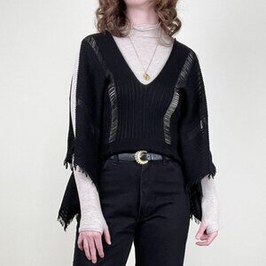 Vintage 90s Y2K French Open Knit Poncho Cape Sweater Boho Blouse Fringe Bohemian